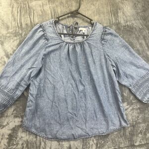 LC Lauren Conrad Blue Denim Top L Tie Neck 3/4 Sleeve Peasant Blouse